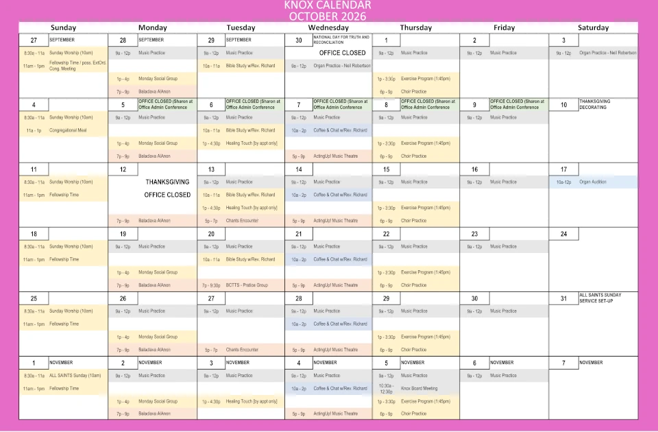 Knox United Church October 2026 Event Calendar
